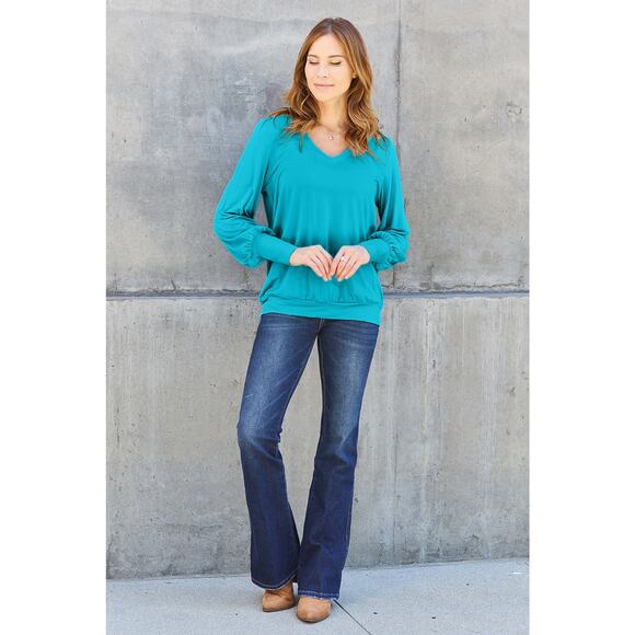 BASIC BAE Sky Blue V-Neck Long Lantern Sleeve Banded Waist Top NEW Misses Plus - Picture 4 of 8